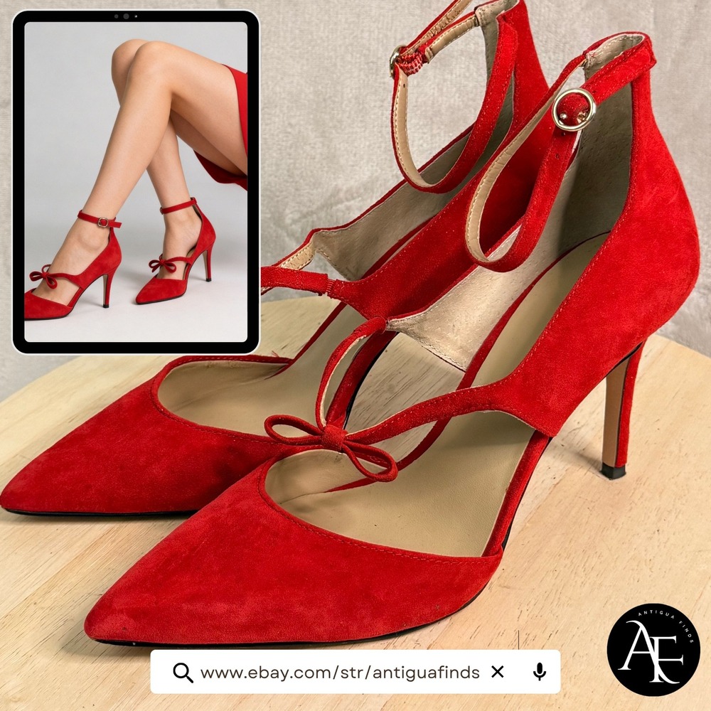 Ann Taylor‎ Red Suede Bow Ankle Strap Pointed Toe Stiletto Heels Womens 10M